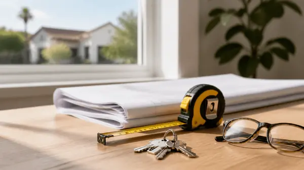 Tape measure, blueprints, house keys and reading glasses on a table beside a sunlit window