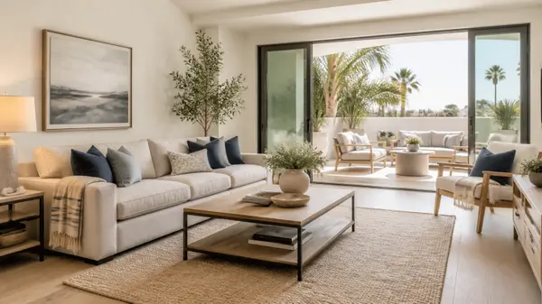 Bright, freshly staged San Diego living room opening onto a sunny patio