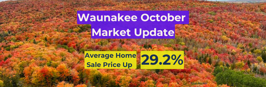 Aerial view of Waunakee, Wisconsin covered in colorful fall foliage with bold overlay text reading Waunakee October Market Update – Average Home Sale Price Up 29.2%