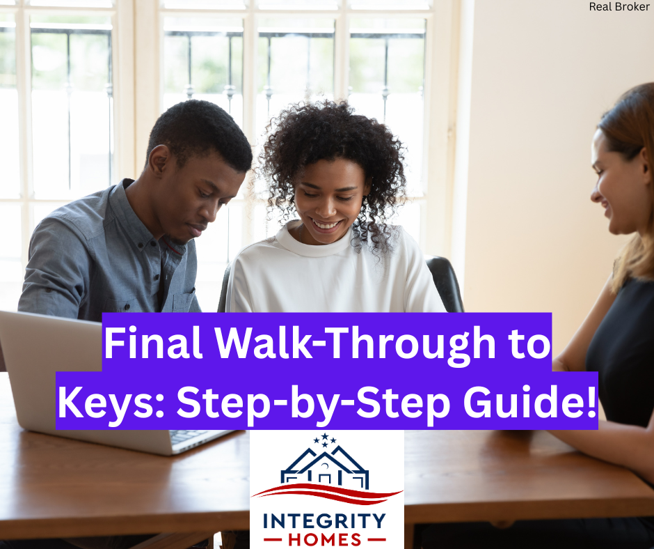 Picture of a blak male in a blue button down and black female in white sweat shirt smiling at a brown table. with white text and purple background that says "Final Walk-Through to Key: Step by Step Guide" and the Integrity Homes of Wisconsin Logo