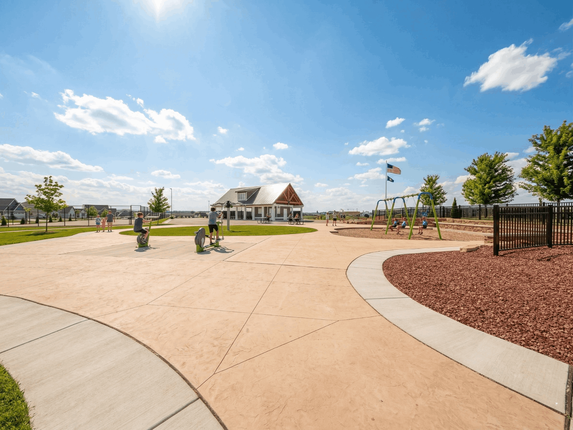 Kilkenny Farms West park amenities — outdoor fitness stations, swing set, and community areas in Waunakee WI