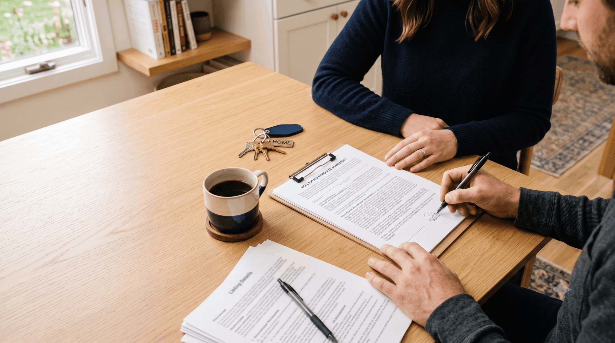 Buyers reviewing a Wisconsin Offer to Purchase and contingencies at a kitchen table with house keys