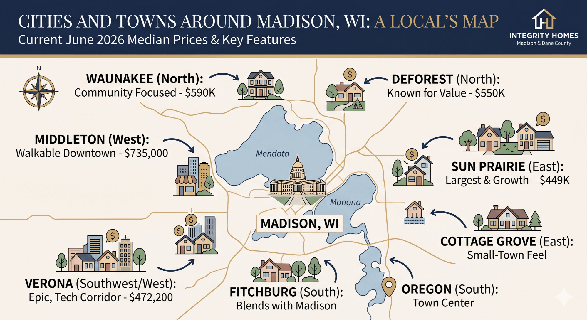 Map of cities and towns around Madison, WI with June 2026 median home prices including Waunakee, DeForest, Sun Prairie, Middleton, and Verona