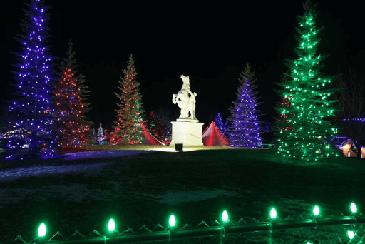 Photo of a statue and well lit trees at Enchanted Festival of Lights