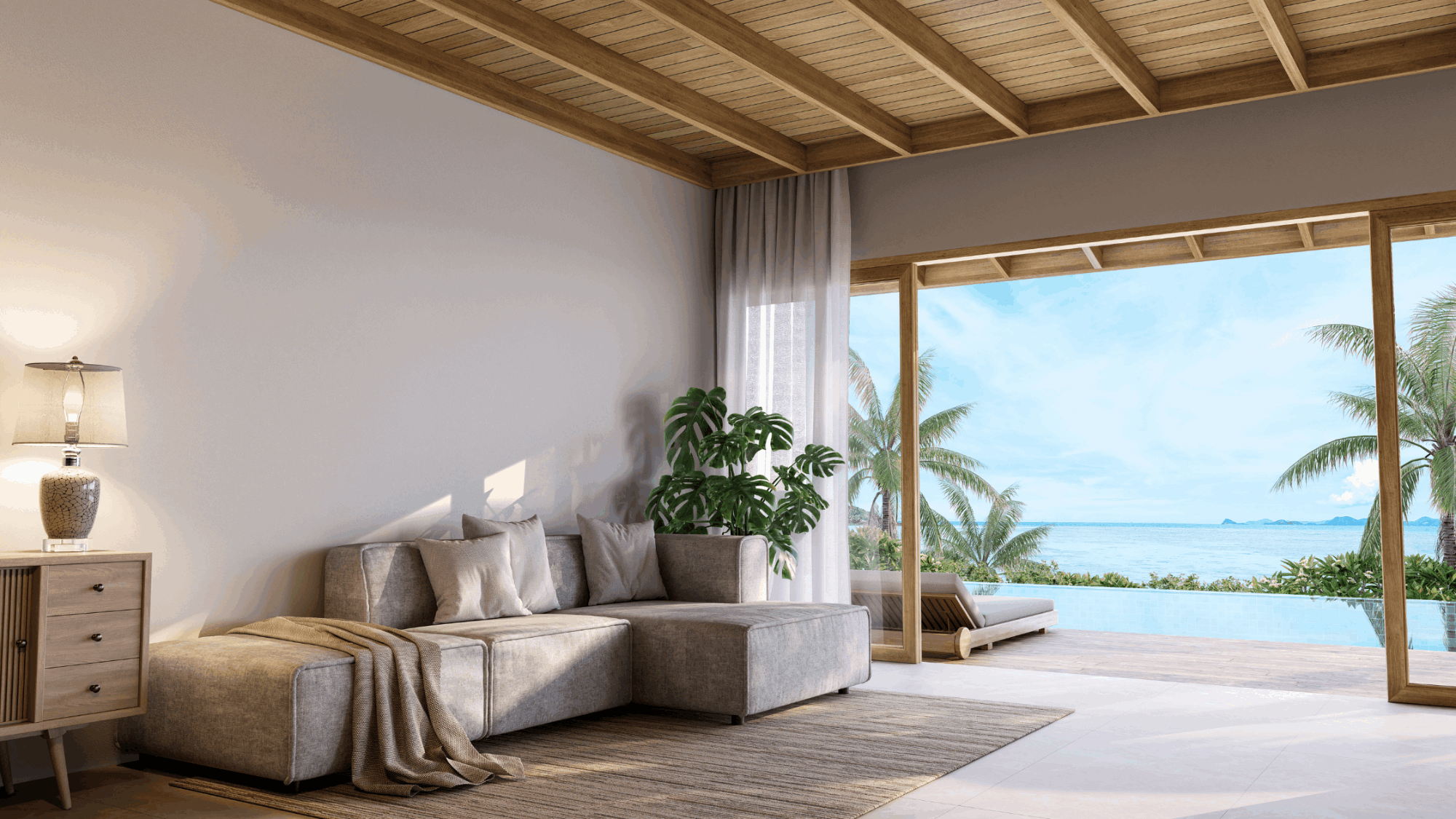 Modern coastal patio style with wicker rattan furniture and natural materials