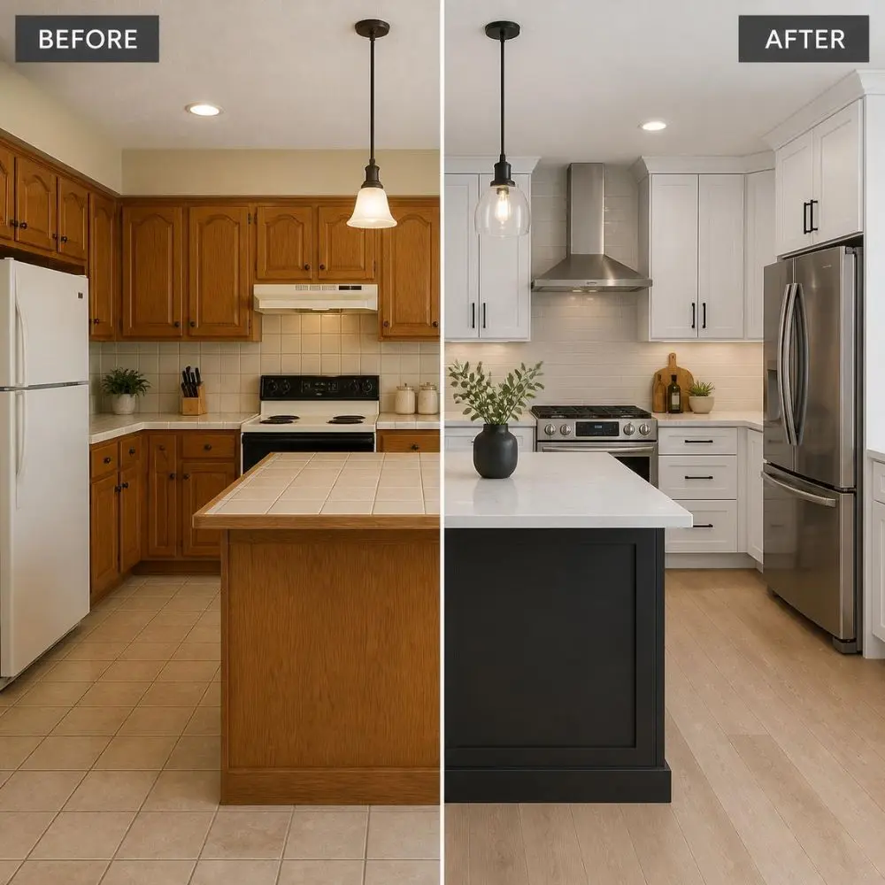 Before and after kitchen with old finishes on the left and a more modern version on the right.