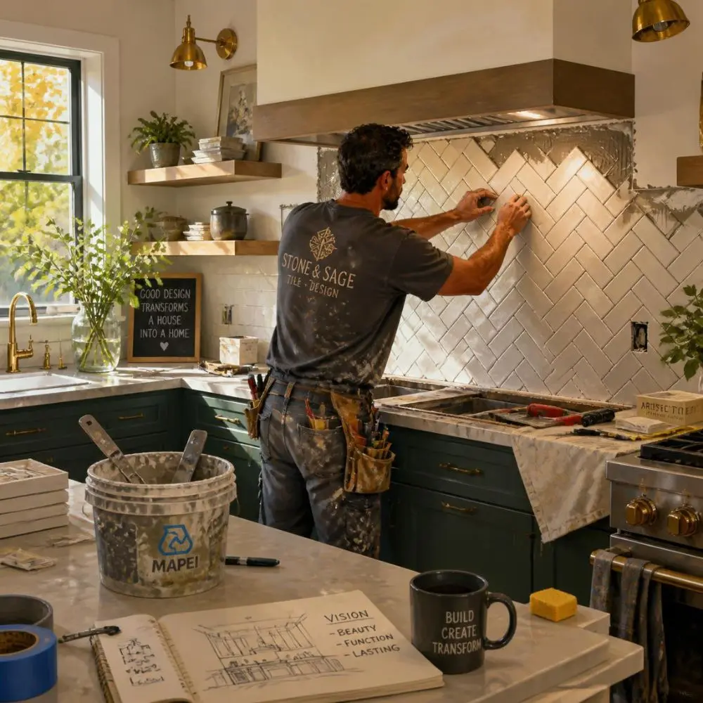 A tile contractor installing a backsplash in a renovated kitchen