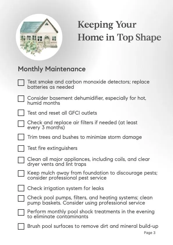 Monthly Home Maintenance checklist for homeowners