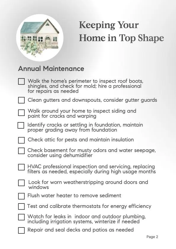 Annual Home Maintenance checklist for homeowners