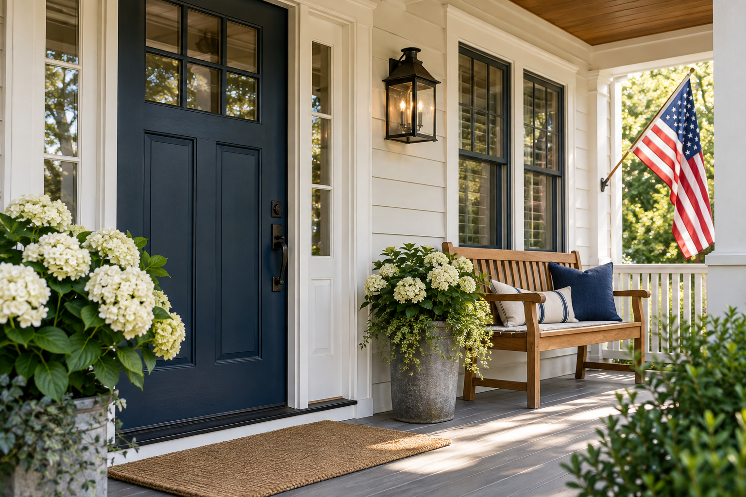 An inviting front porch with an American flag