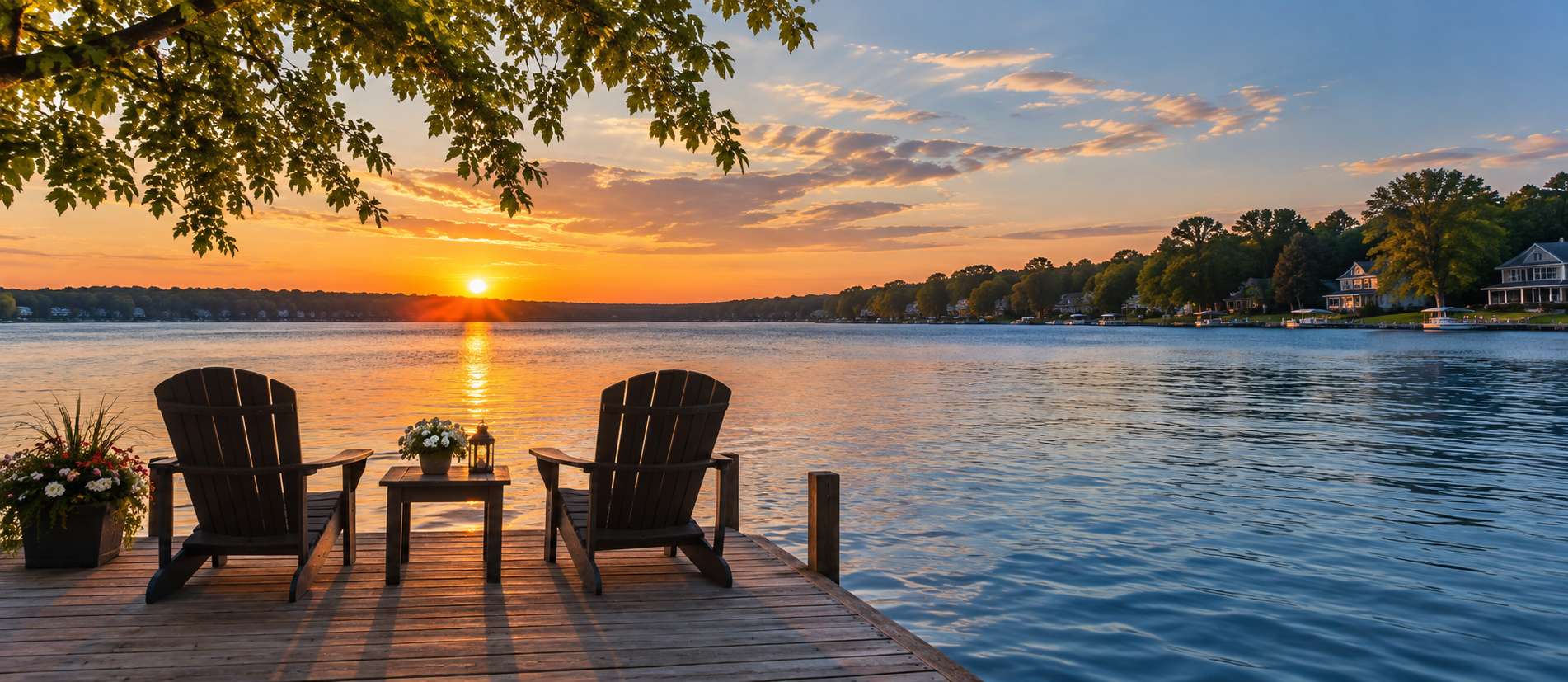 Illustrative lakefront at sunset with chairs on a wooden dock
