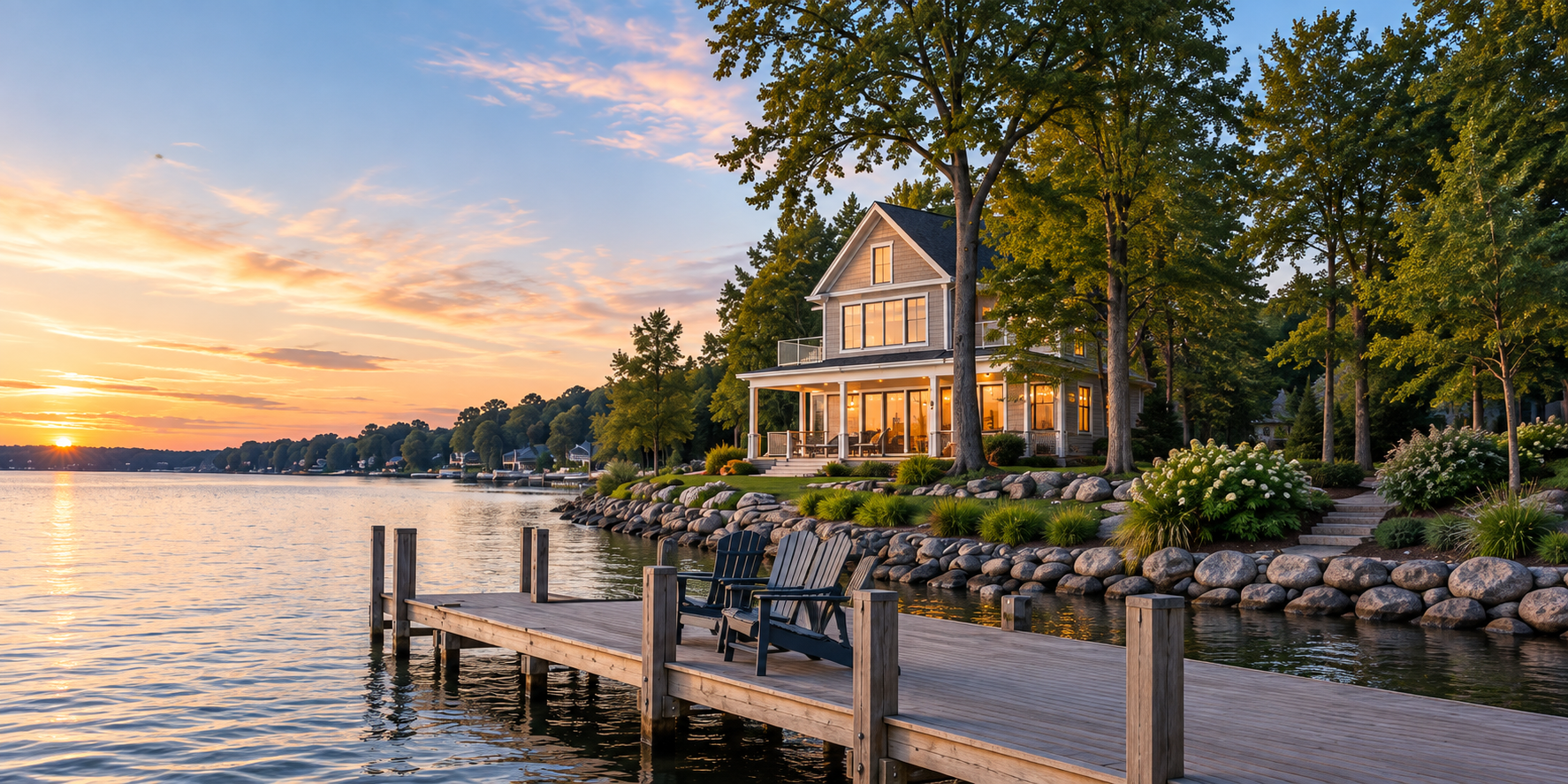 Lakeside home in warm evening light