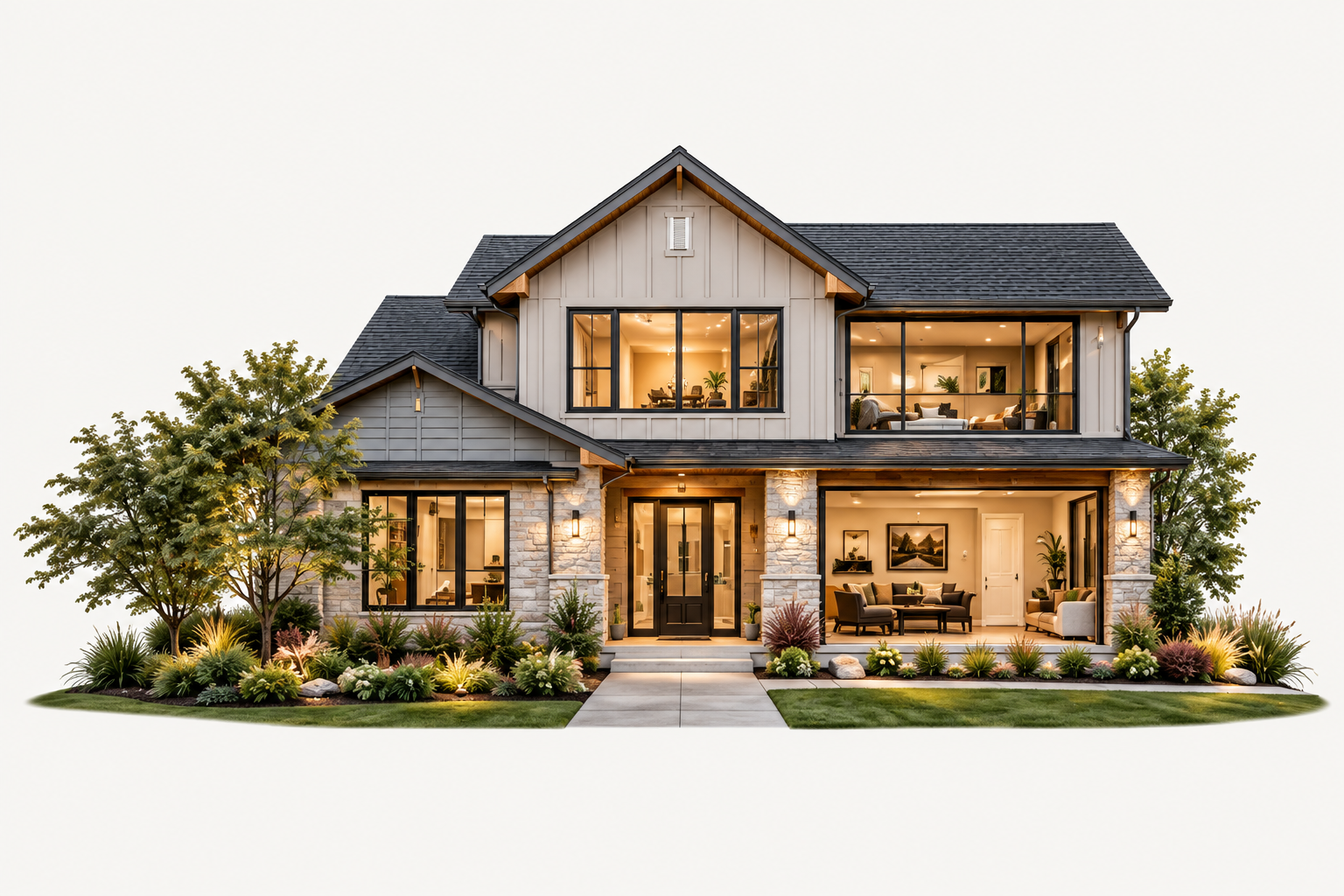 Illustrated home showing a welcoming entrance, generous windows and tidy landscaping