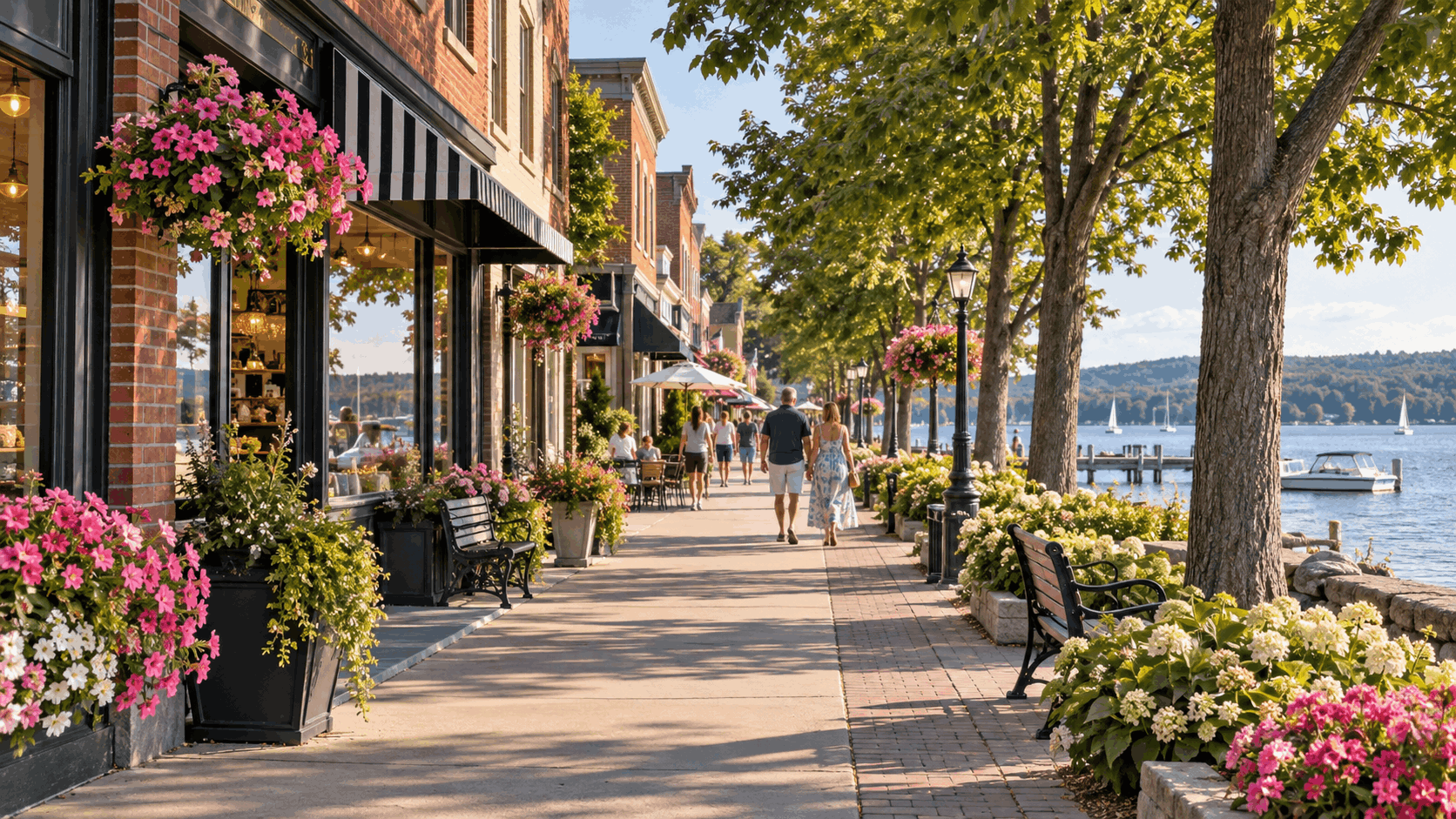 Illustrative lakeside community scene