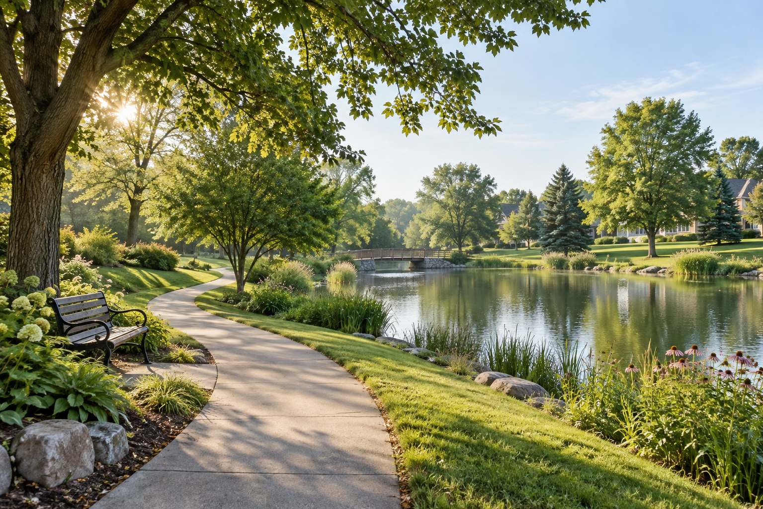 Illustrative green neighborhood park and walking path