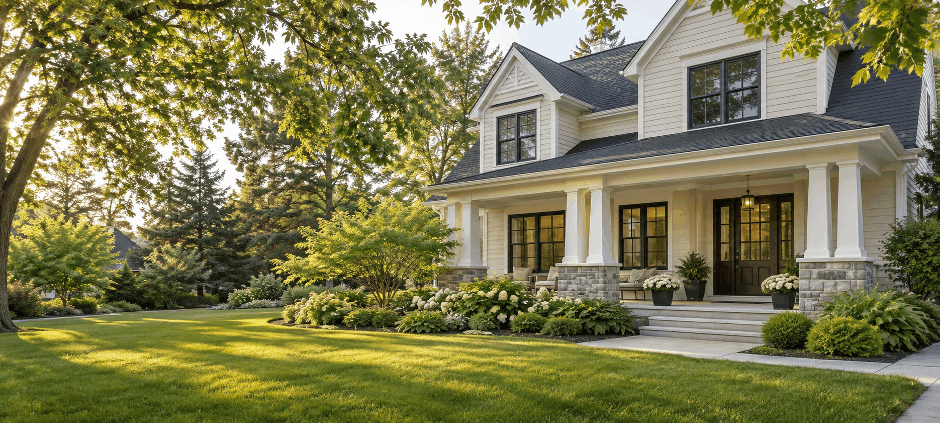 Illustrative welcoming home with trees and a front porch