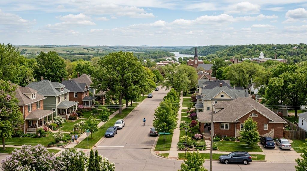 Aerial view of a tree-lined residential street in Vermillion, South Dakota