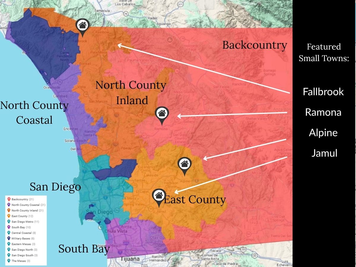San Diego regional map highlighting the locations of Fallbrook, Ramona, Alpine, and Jamul