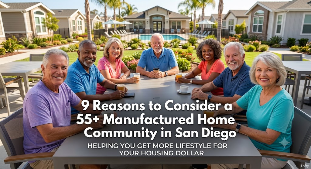 Group of active adults smiling around an outdoor table at a San Diego 55 plus manufactured home community, featuring the blog title 9 Reasons to Consider a 55+ Manufactured Home Community.