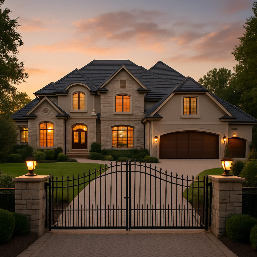 Luxury gated lakefront home silhouette and gate by Lake Lanier at dusk