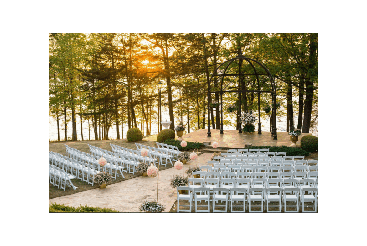 Lake Lanier wedding venue at Lanier Islands Resort with sunset waterfront ceremony setup