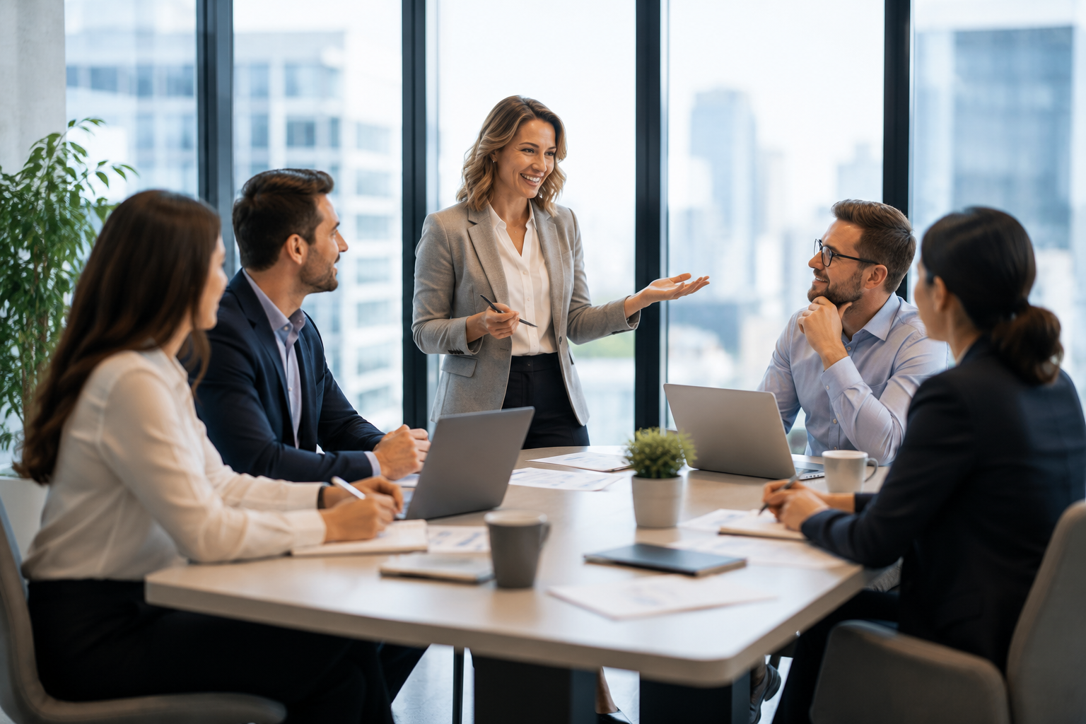 Real Estate professionals meeting with clients in a modern office