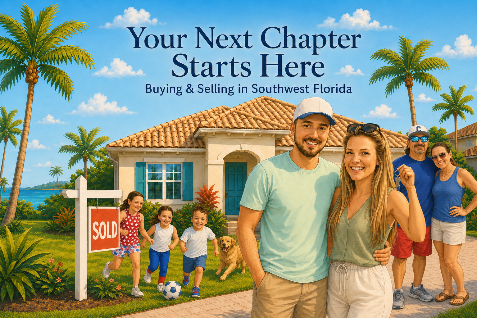 Illustration of new homeowners holding keys outside a Southwest Florida home, with children, neighbors, and dog