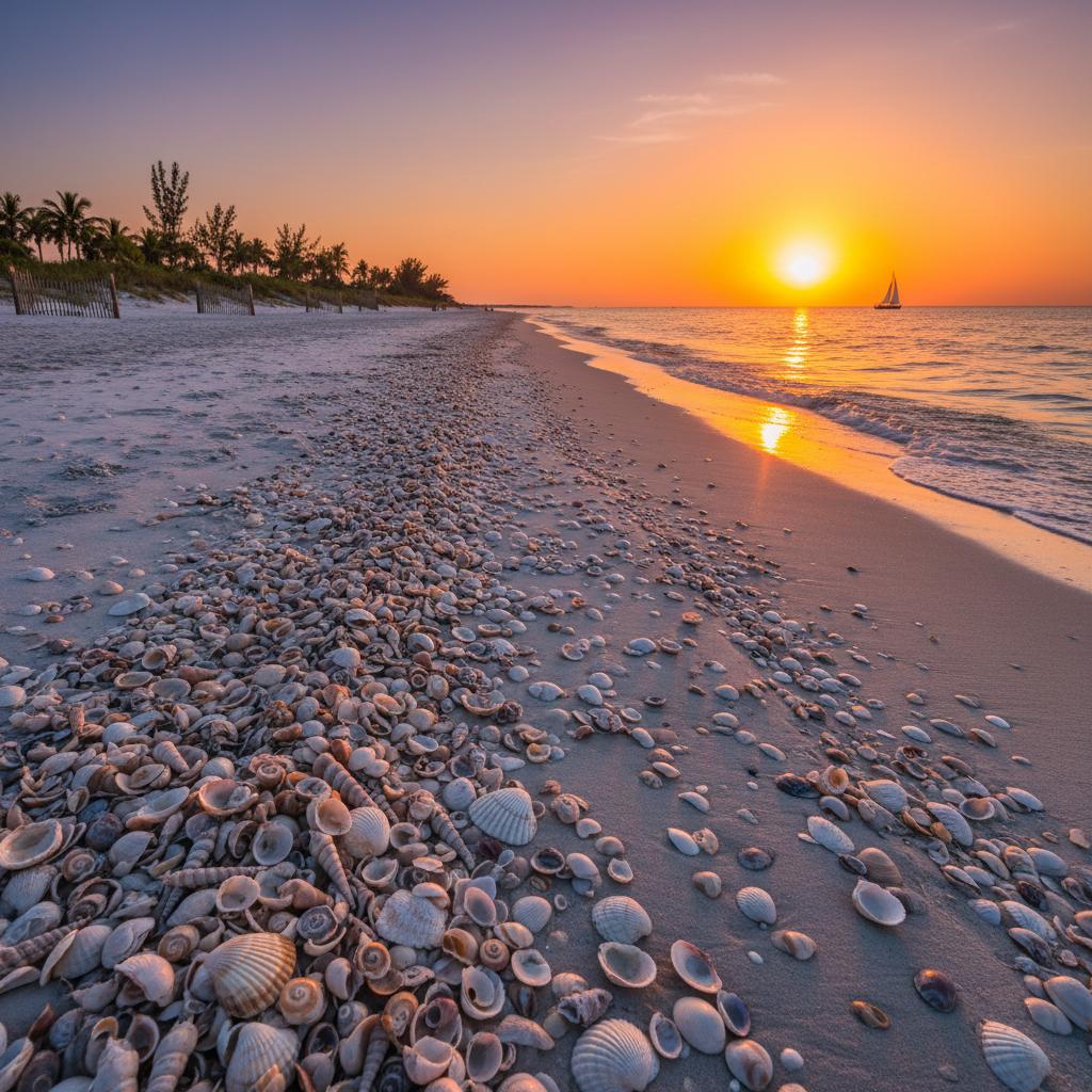 Sunset over a shell-covered beach with a sailboat on the horizon