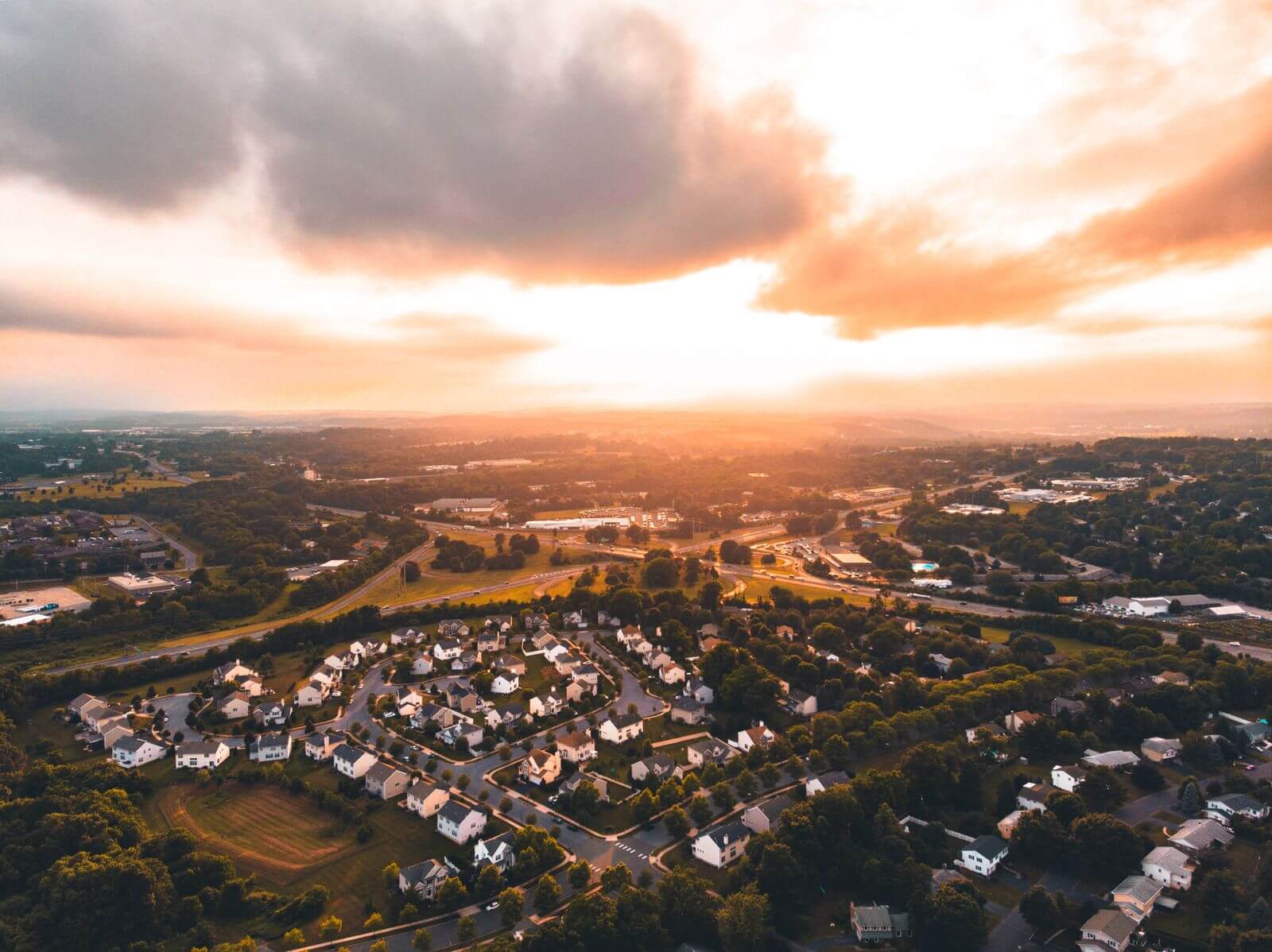 Aerial view of residential neighborhoods in Allentown, Pennsylvania at sunset