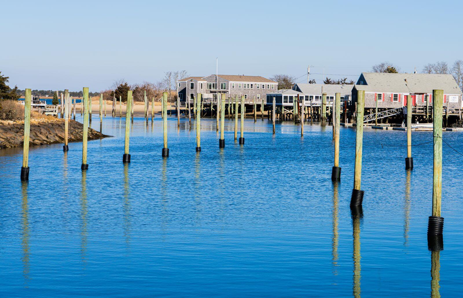 Waterfront docks and homes along the Massachusetts coast