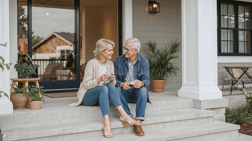 Couple sitting in their new front porch enjoying a cup of coffee sun-drenched park in Davenport, Florida