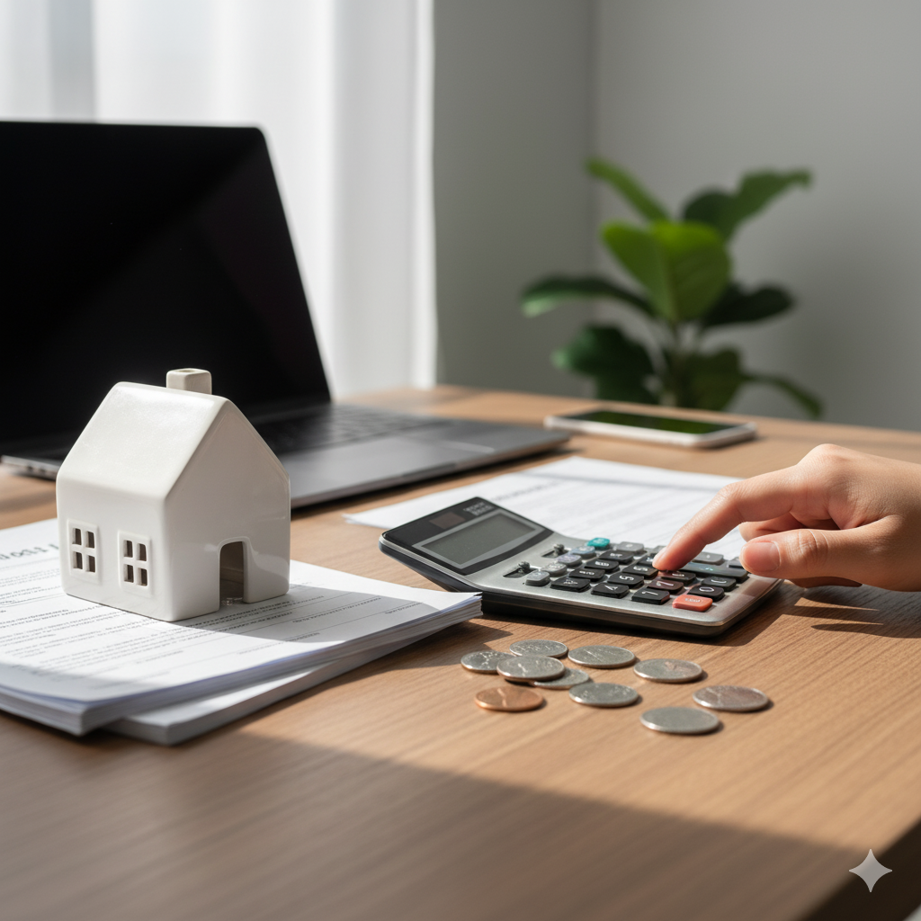 Home and calculator on desk representing Davidson NC property taxes and savings