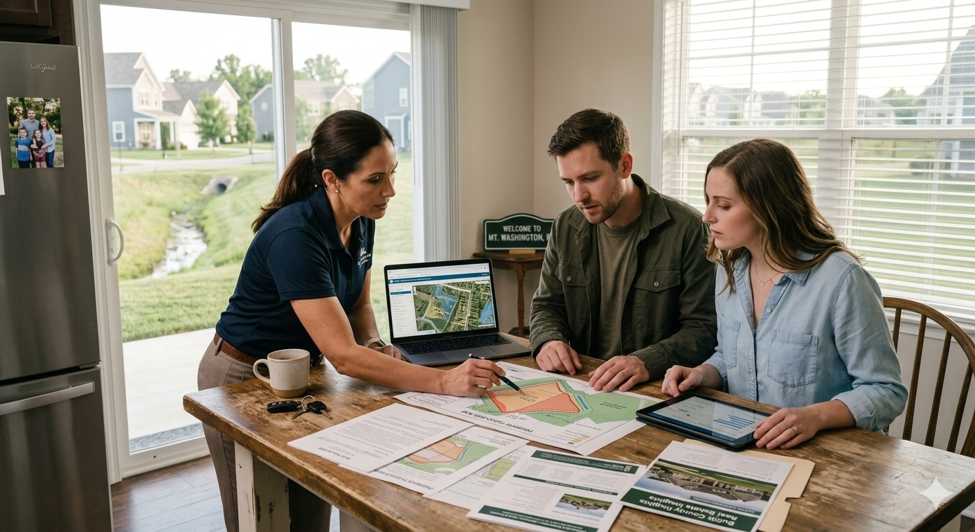 flood zones before buying a home in Bullitt County KY with buyers reviewing property risks