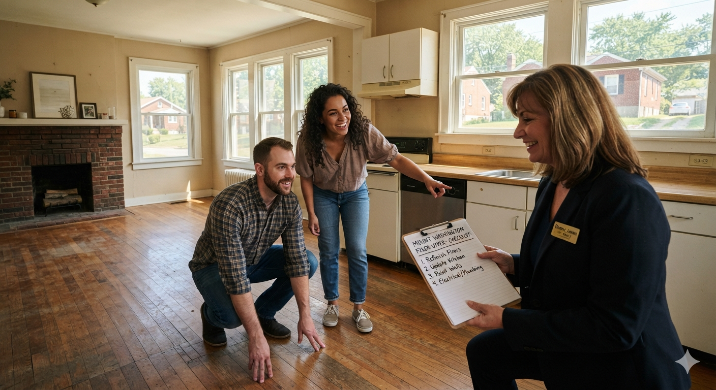 buying a fixer-upper in Mount Washington KY with buyers evaluating renovation potential during a home tour