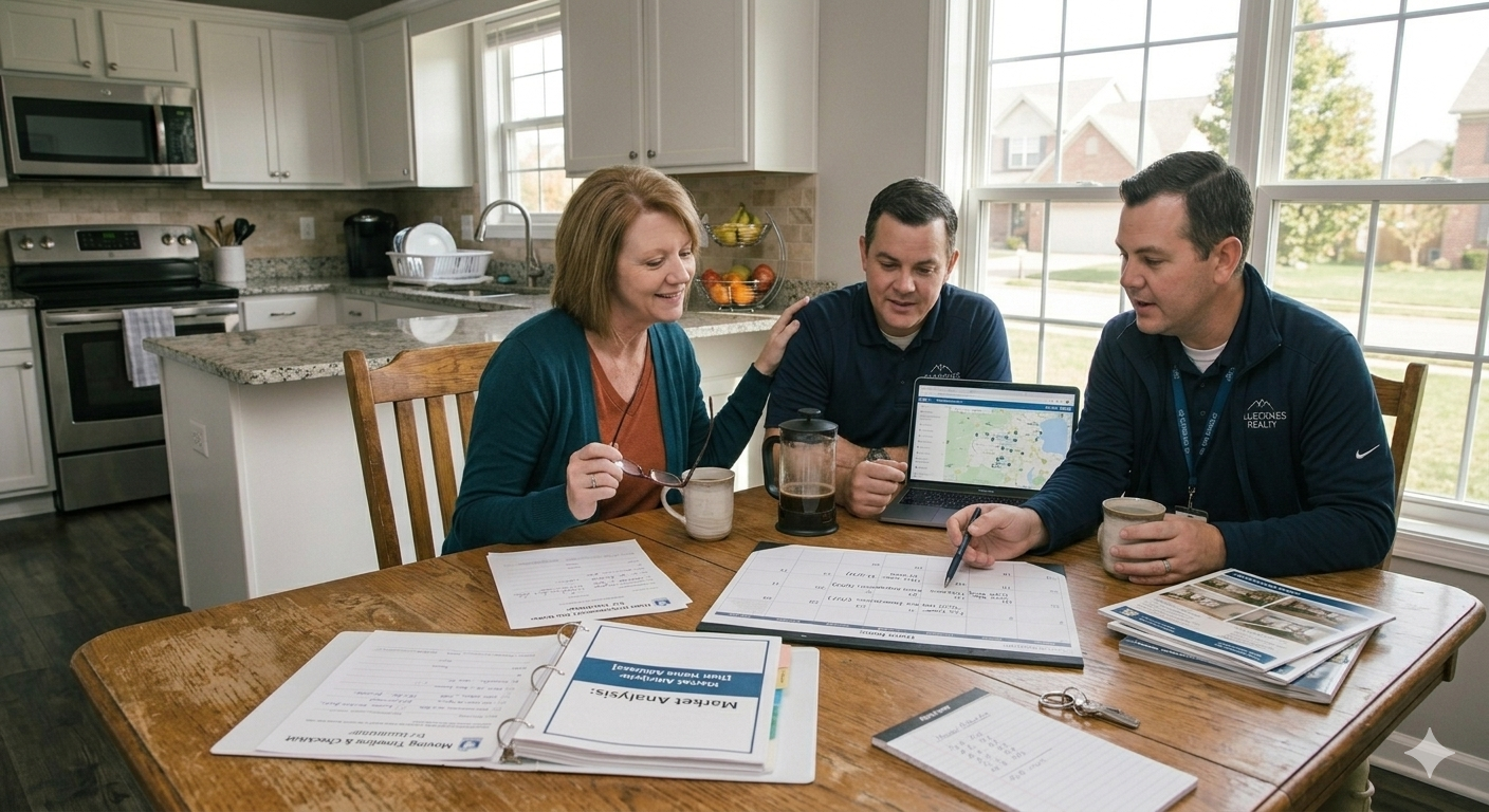 Selling a home before buying another one in Mount Washington KY with homeowners reviewing a real estate strategy plan