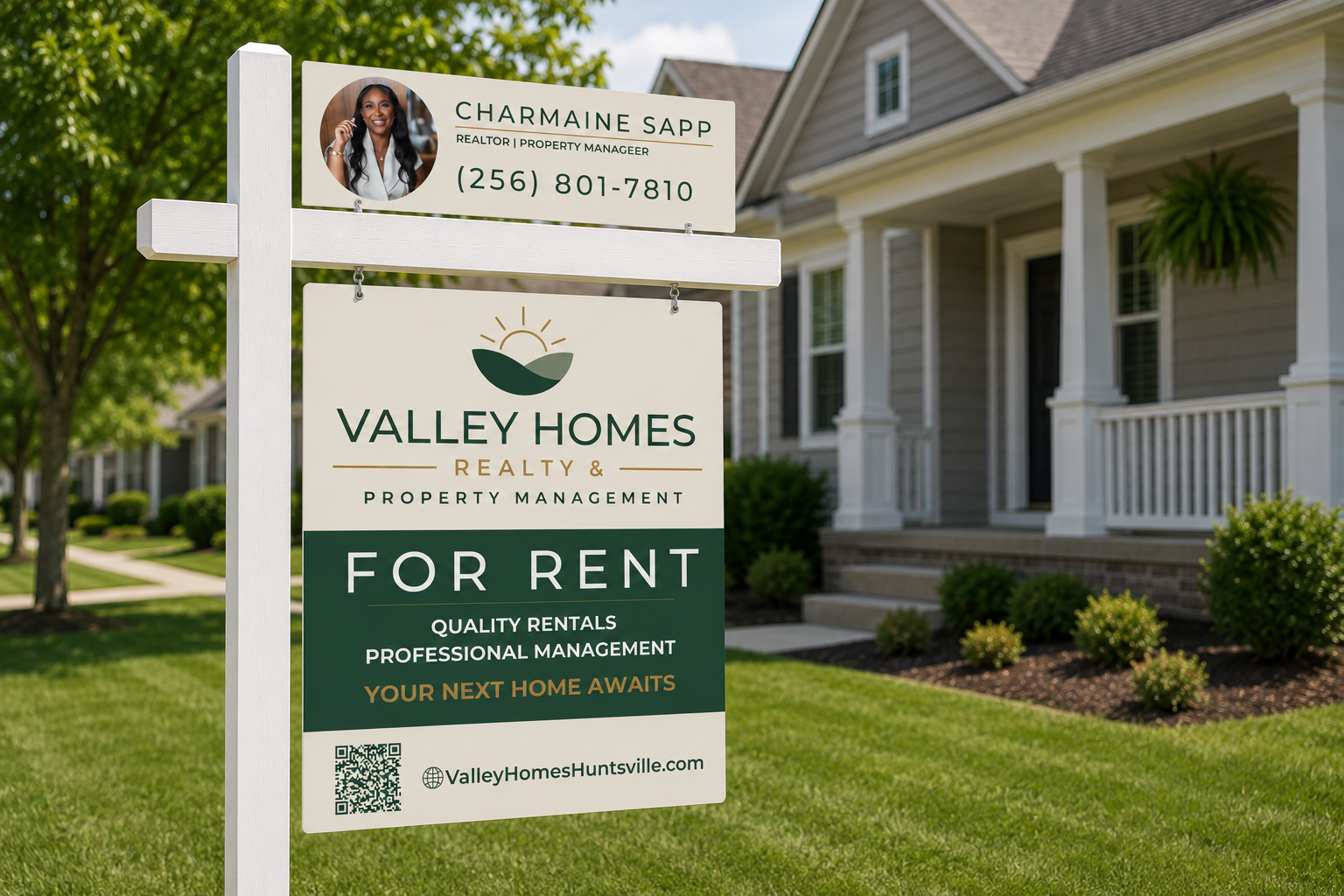 Valley Homes Realty & Property Management FOR RENT yard sign in front of a rental home in Huntsville, Alabama, showing agent Charmaine Sapp's contact information and a QR code to ValleyHomesHuntsville.com.