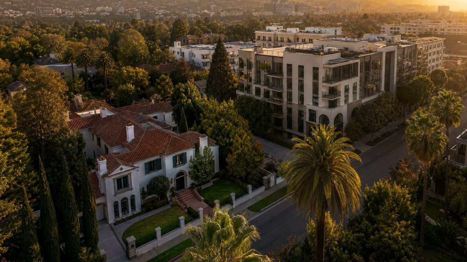 Conceptual aerial illustration of higher-density multifamily housing beside historic single-family homes in Los Angeles