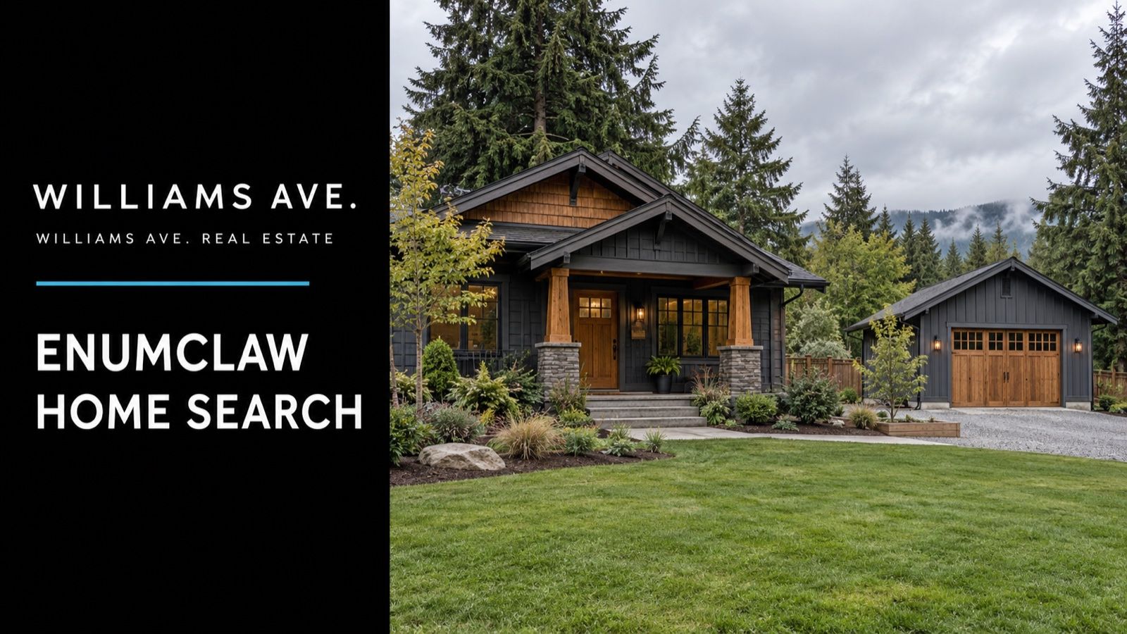 Conceptual illustration of a charming Northwest craftsman home with a detached workshop and broad lawn on an overcast morning; Enumclaw Home Search editorial cover.