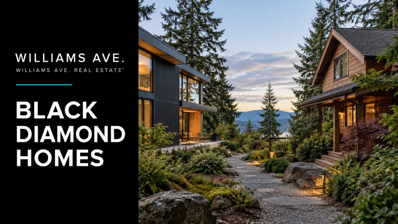 Conceptual illustration of two different Northwest homes viewed from a garden path, a modern new build and established cedar home; Black Diamond Homes editorial cover.