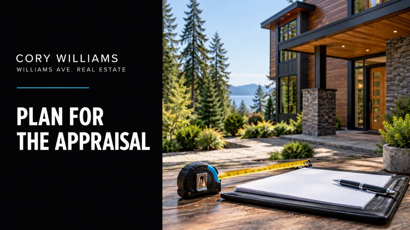 Conceptual illustration of tasteful Northwest house with measuring tape and blank property portfolio in foreground; Plan For The Appraisal editorial cover.