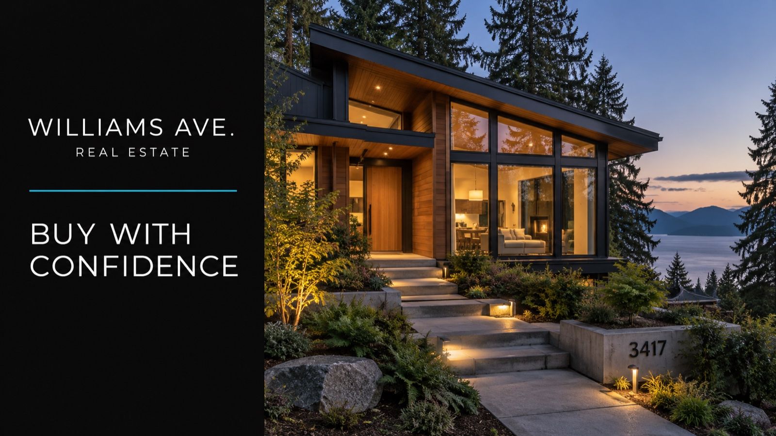Conceptual illustration of an elegant cedar Northwest home at twilight surrounded by evergreen trees; Buy With Confidence editorial cover.