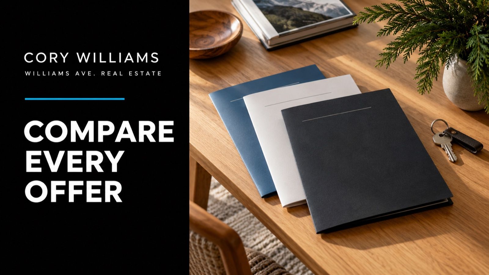 Conceptual illustration of three neatly arranged blank offer folders on oak table with keys and evergreen branch; Compare Every Offer editorial cover.