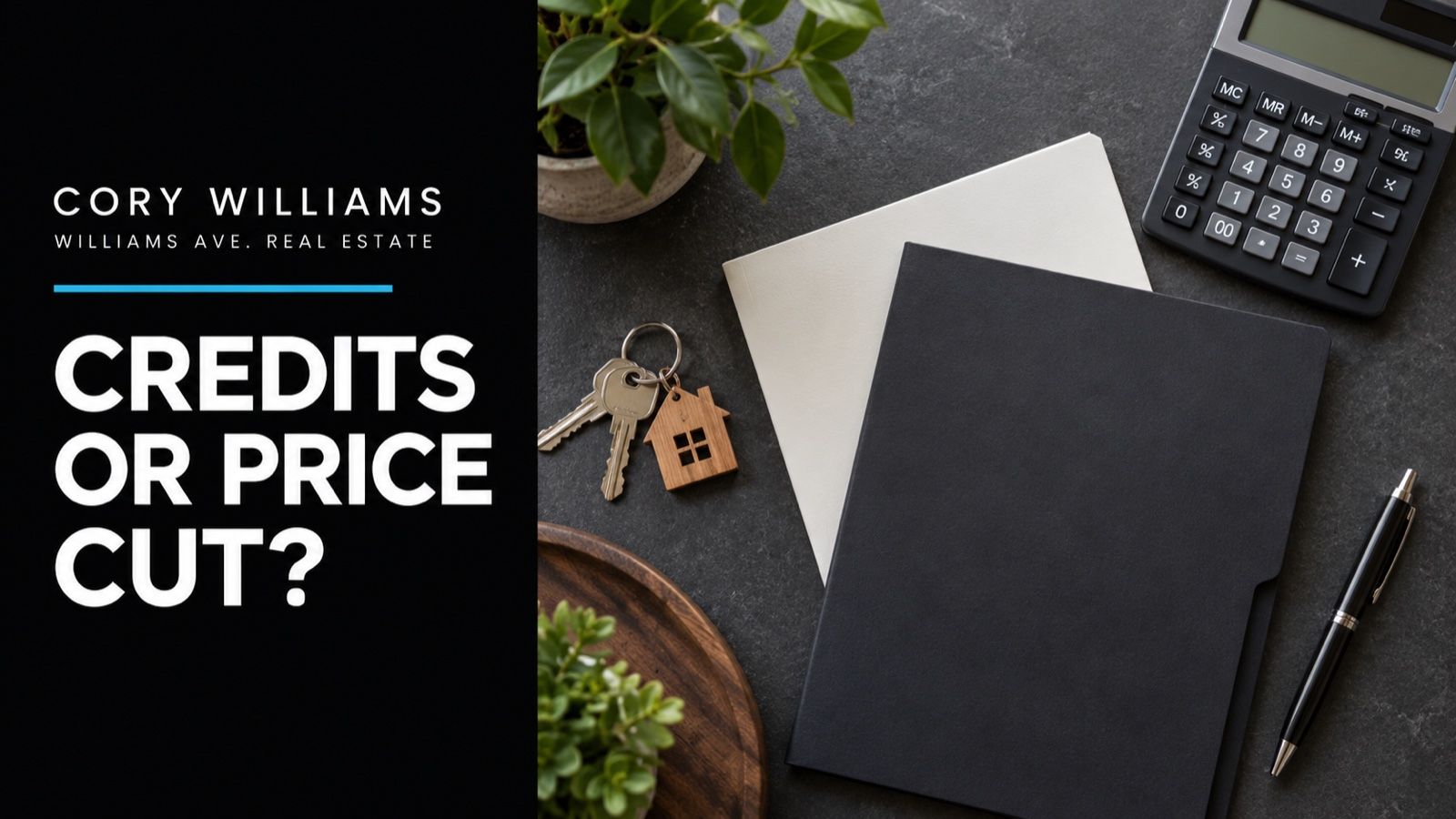 Conceptual illustration of elegant overhead photograph of house keys, calculator, two blank proposal folders on charcoal desk; Credits Or Price Cut? editorial cover.