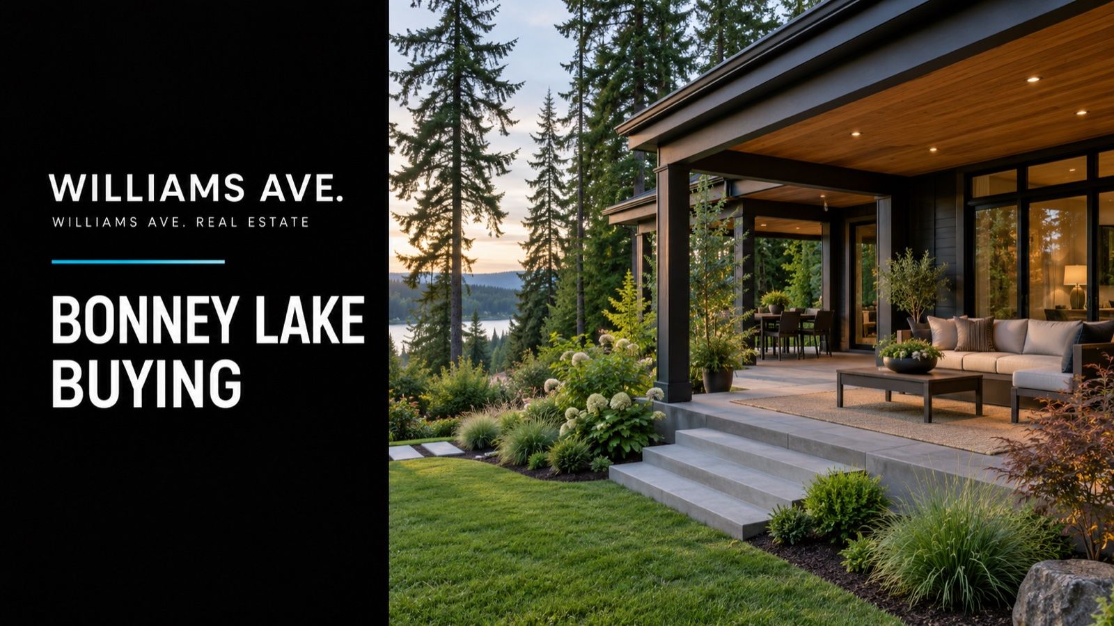 Conceptual illustration of a modern Northwest home with covered patio and lush garden framed by tall evergreens; Bonney Lake Buying editorial cover.