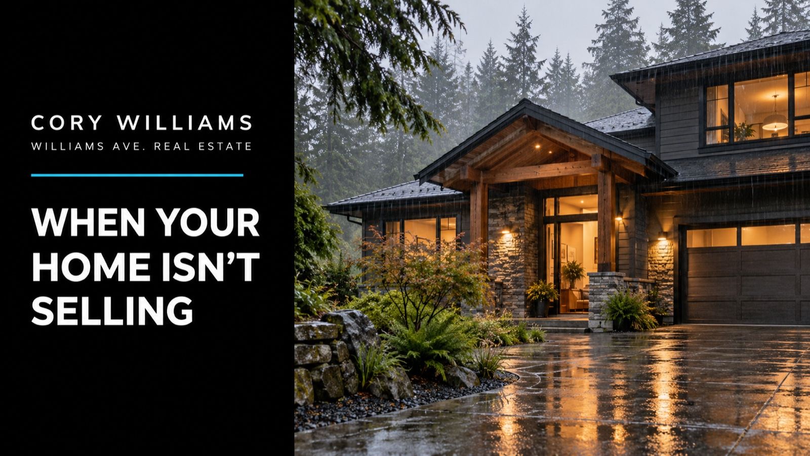 Conceptual illustration of beautiful Northwest house on a rainy day with glowing interior, no sale signs; When Your Home Isn't Selling editorial cover.