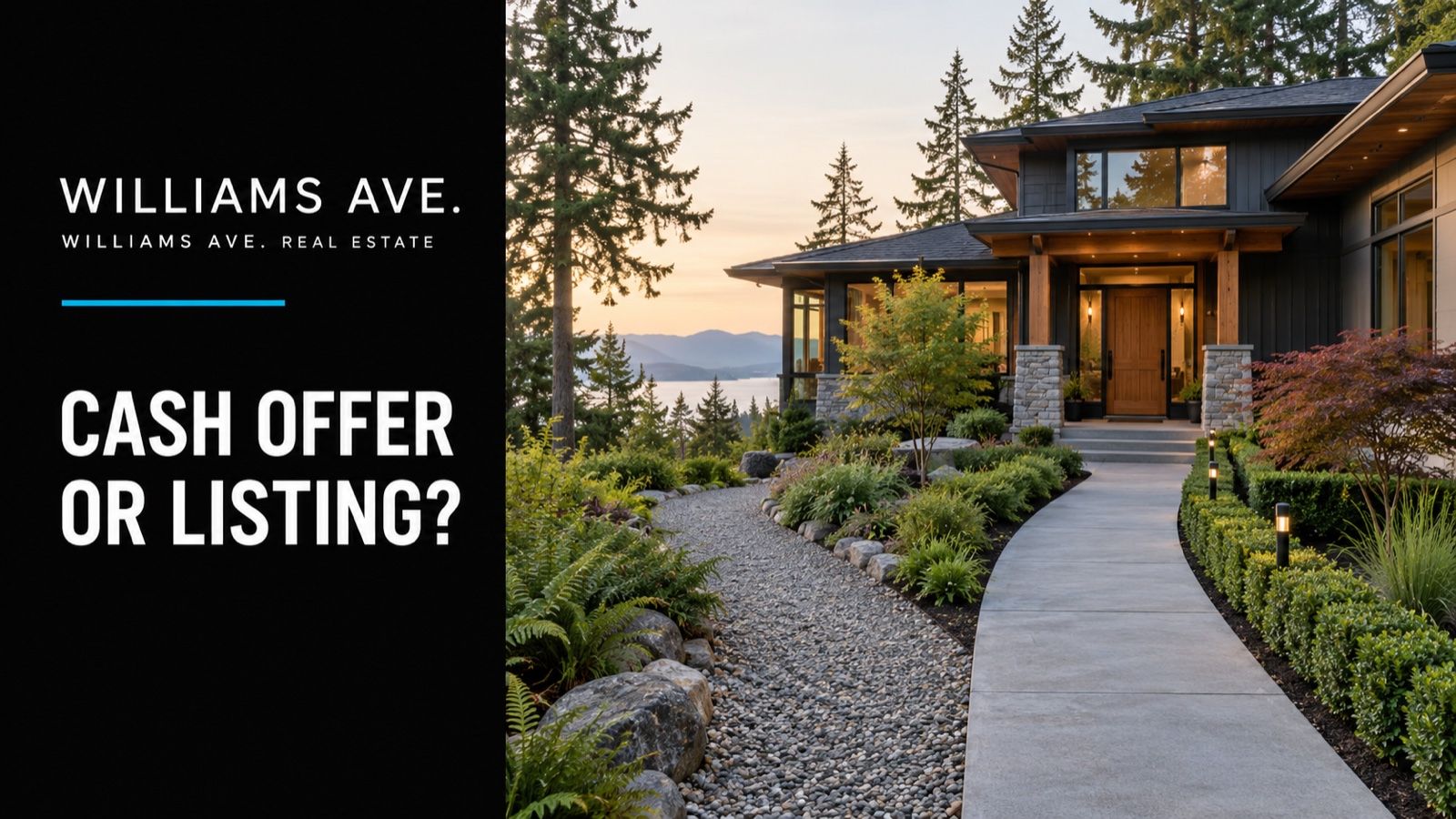 Conceptual illustration of a tasteful Northwest house with two contrasting paths leading toward its entrance; Cash Offer Or Listing? editorial cover.