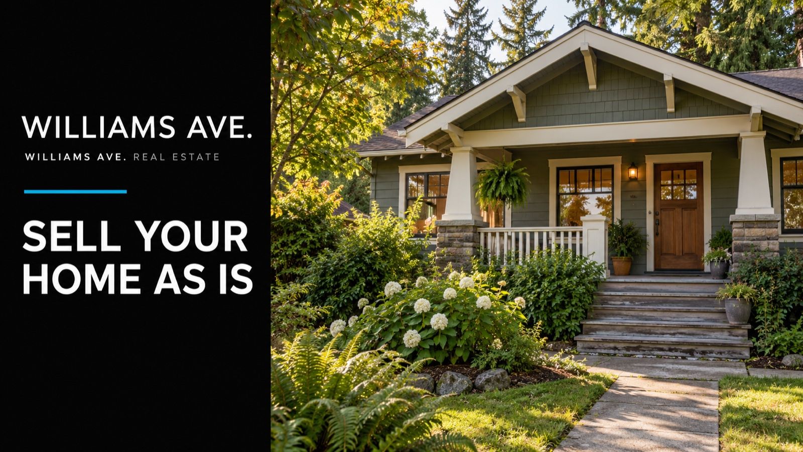 Conceptual illustration of a modest authentic Northwest craftsman with an older porch and maintained garden, realistic but inviting; Sell Your Home As Is editorial cover.