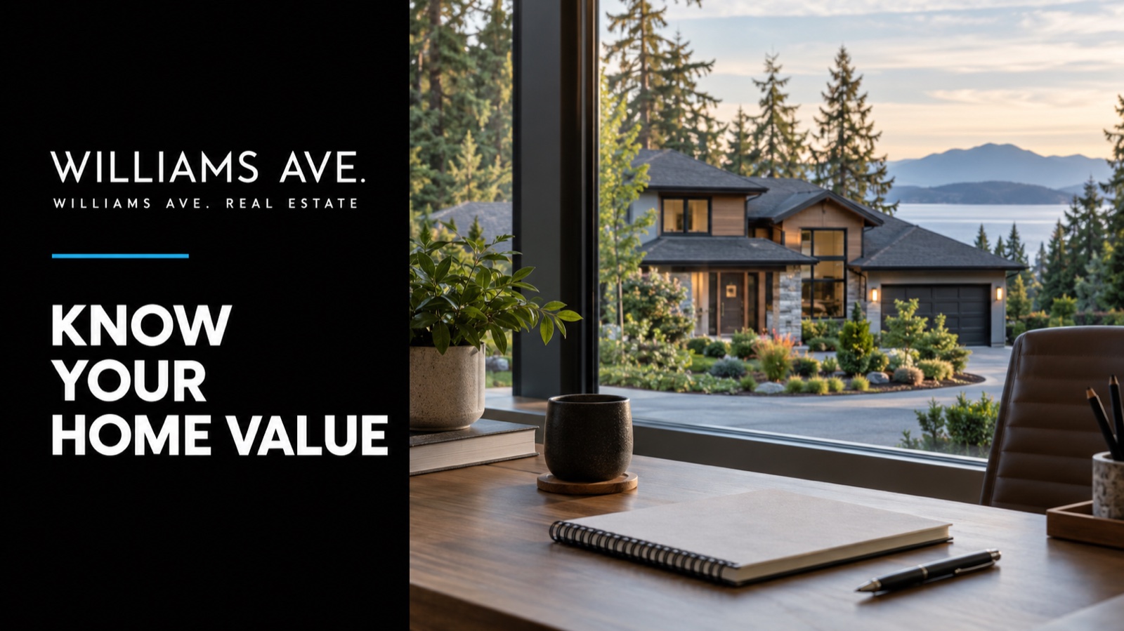 Conceptual illustration of a beautiful suburban Northwest house seen through a large office window, discreet blank analysis notebook foreground; Know Your Home Value editorial cover.
