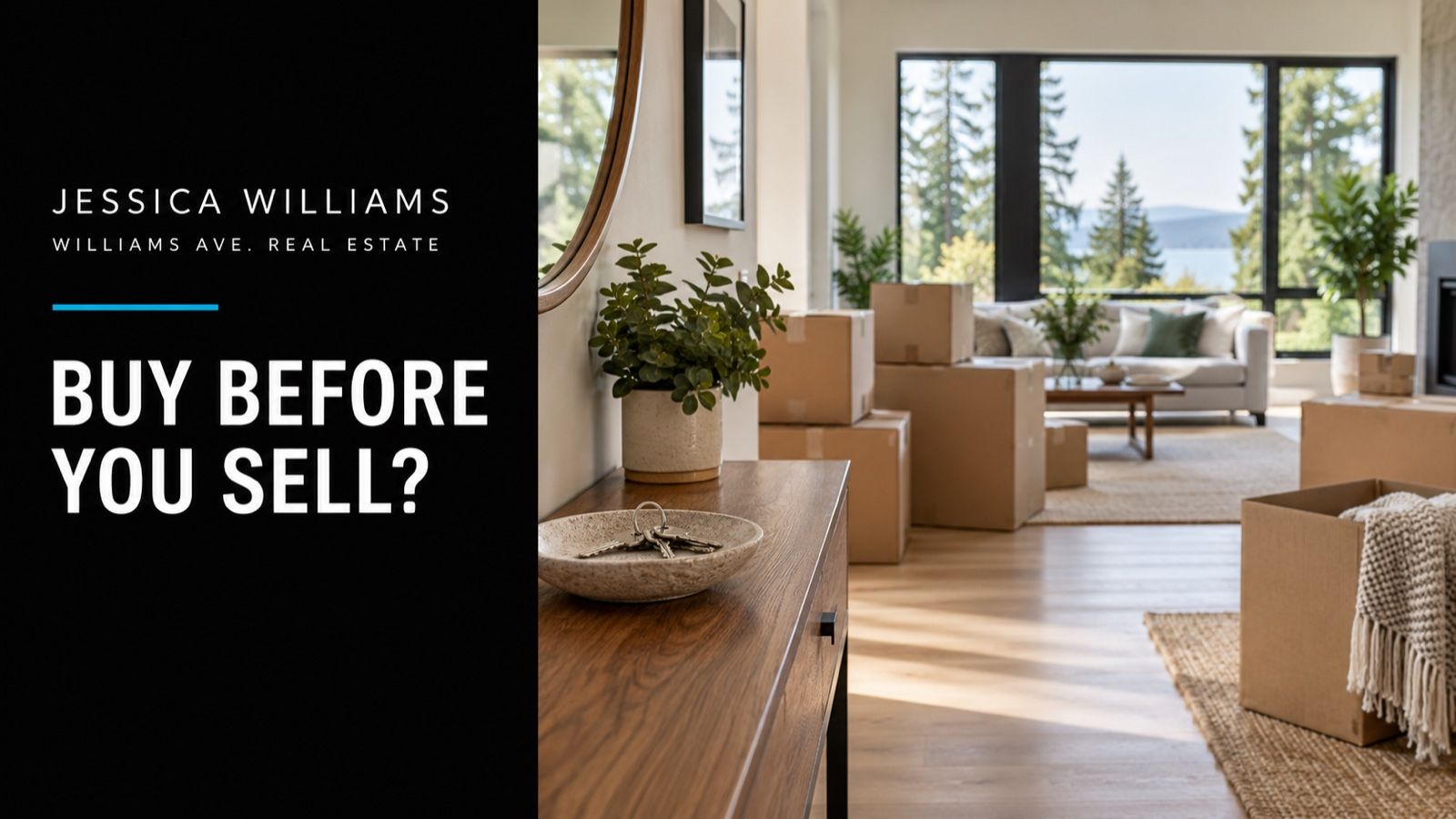 Conceptual illustration of orderly moving boxes in a bright Northwest home with house keys on a console; Buy Before You Sell? editorial cover.