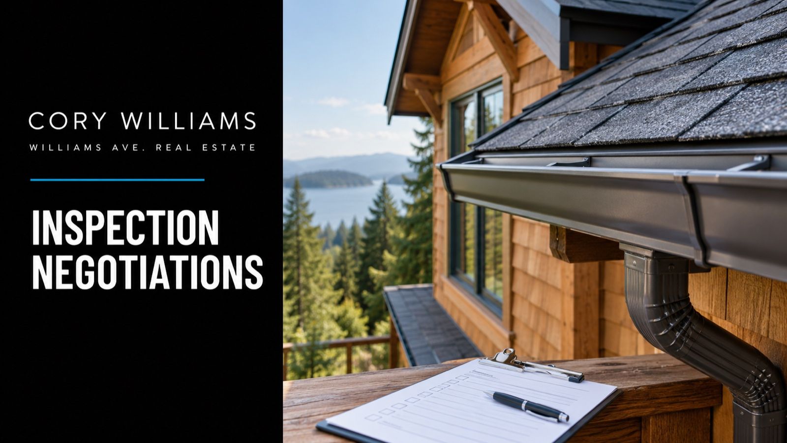 Conceptual illustration of close-up of roof and gutter details on a cedar Northwest house with an inspection clipboard, no people; Inspection Negotiations editorial cover.